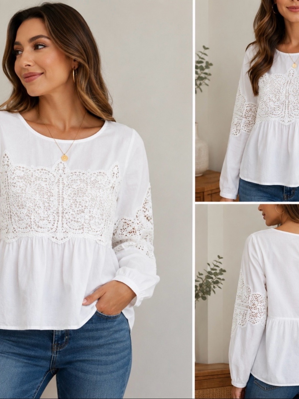 G.H. Bass Women’s White Crochet Lace Peplum Blouse Size Medium